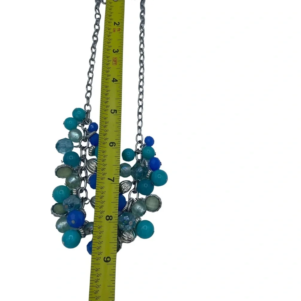 Kim Rogers NWT Aqua blue beaded bib cluster collar necklace silver tone chain